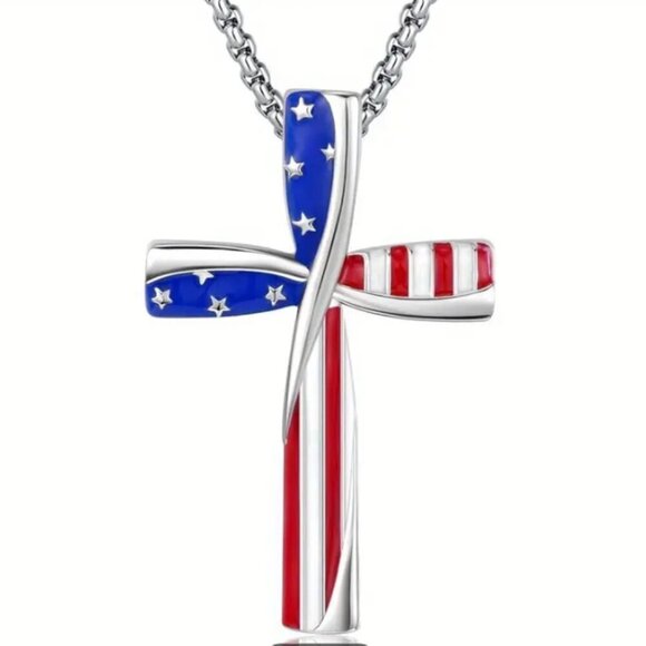 American Flag Cross Patriotic Necklace with Heavy Chain NWT - Picture 3 of 4